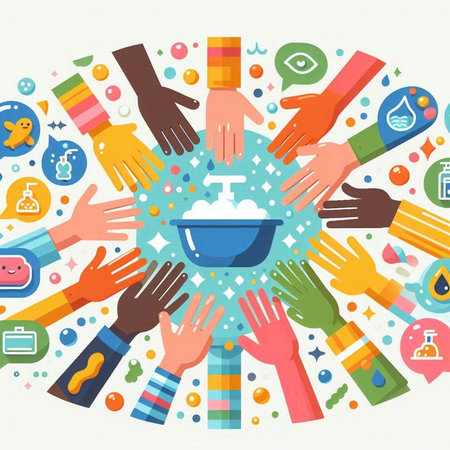 Hands washing hands in circle. Vector illustration in flat style.のイラスト素材