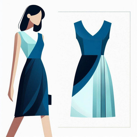 Fashion illustration of a woman in a blue dress on a white backgroundのイラスト素材