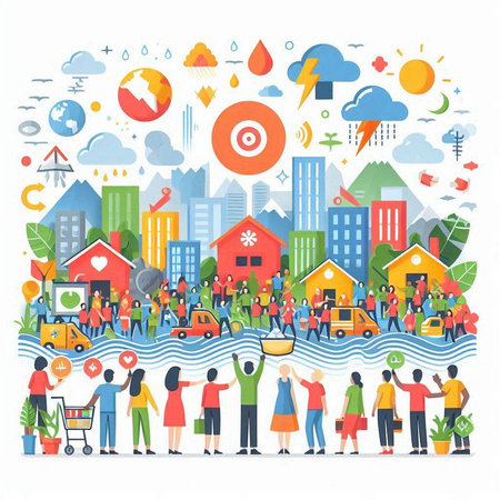 People shopping in the city, vector illustration. Flat design style.のイラスト素材