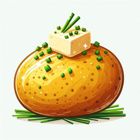 Baked potato with green onions and feta cheese. Vector illustration.のイラスト素材