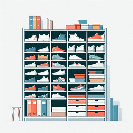Illustration of a shoe store shelf with different shoes on a white backgroundのイラスト素材
