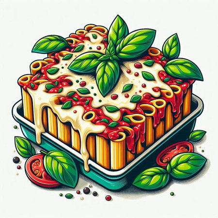 Illustration of italian pasta with basil, tomato and cheese.のイラスト素材