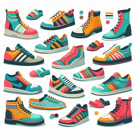 Colorful sneakers collection isolated on white background. Cartoon style vector illustration.のイラスト素材