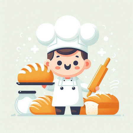 Cute little chef with bread and rolling pin. Vector illustration.のイラスト素材