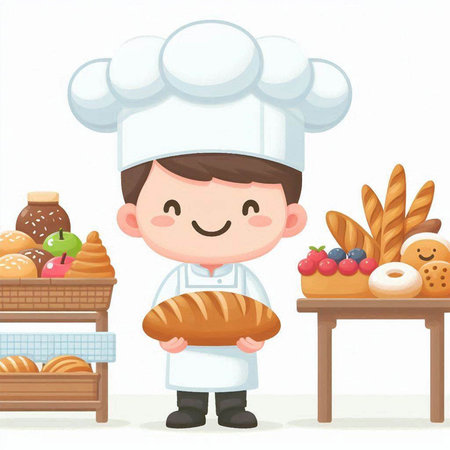 Cute cartoon chef holding bread and bakery products. Vector illustration.のイラスト素材