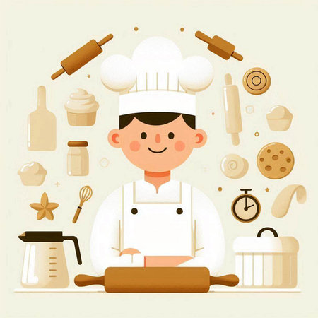 Vector illustration of a chef with food icons on a white background.のイラスト素材
