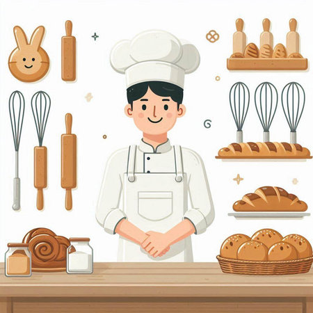 Baker in a bakery. Vector illustration in flat cartoon style.のイラスト素材