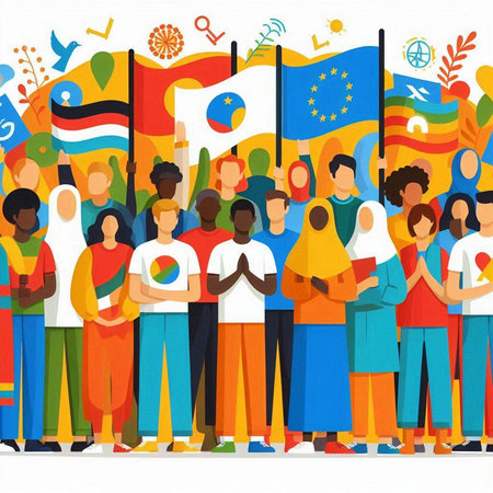 Group of people with flags of the European Union. Vector illustration.のイラスト素材