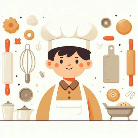 Vector illustration of a boy in a chef's hat and apron cooking.のイラスト素材