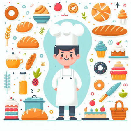 Cute cartoon chef with various food. Vector illustration in flat styleのイラスト素材