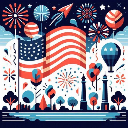 American Independence Day celebration vector illustration. Flat design with american flag, balloons, trees and fireworks.のイラスト素材