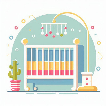 Baby room interior with crib and toys. Flat style vector illustration.のイラスト素材