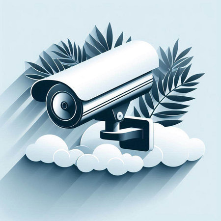 CCTV security camera on cloud with palm leaves. Vector illustration.のイラスト素材
