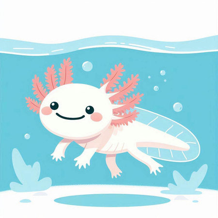 cartoon funny white axolotl swimming in the blue seaのイラスト素材