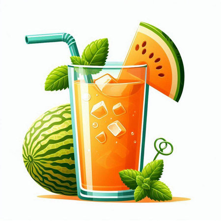 Glass of watermelon juice with ice cubes and mint leaves on white backgroundのイラスト素材