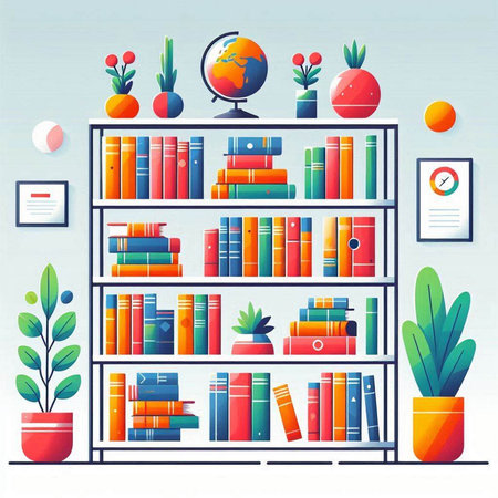 Vector illustration of bookshelves with books, globe and plants.のイラスト素材