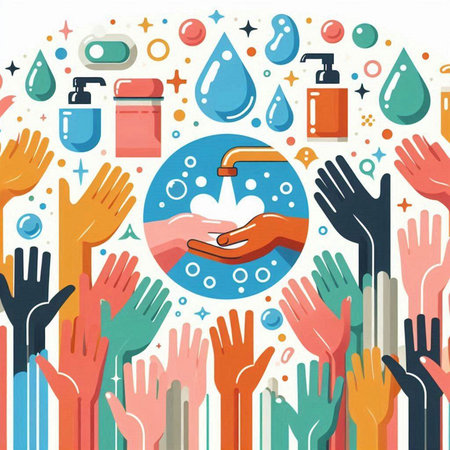 Vector illustration of hands washing with soap and water. Hygiene concept.のイラスト素材