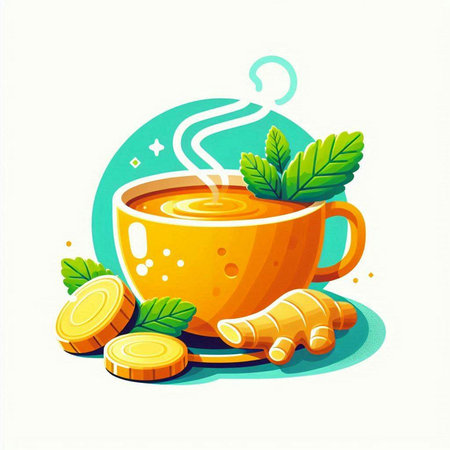 Cup of tea with turmeric, ginger and mint. Vector illustration.のイラスト素材