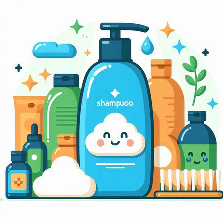Vector illustration of a bottle of shampoo and conditioner with a cloud on the background.のイラスト素材