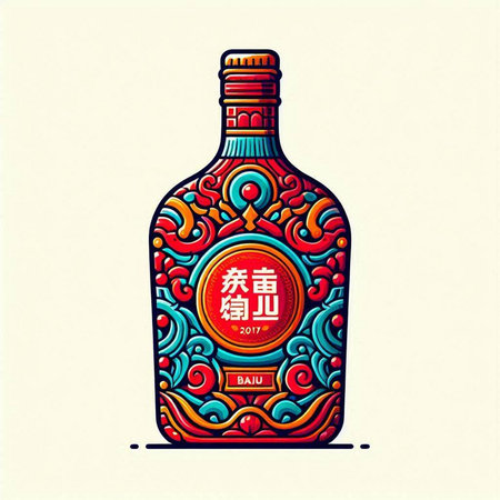 Chinese New Year bottle of wine with colorful pattern. Vector illustration.のイラスト素材