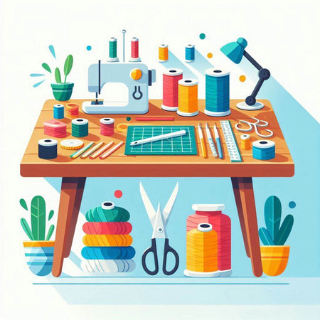 Sewing tools and accessories on the table. Vector illustration.のイラスト素材