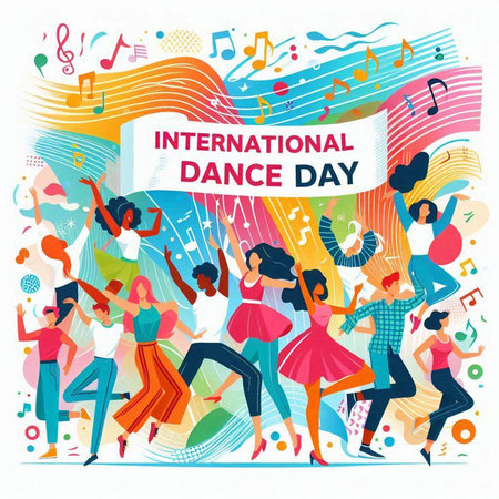 International Day of Dance. Vector illustration with dancing people and music notes.のイラスト素材
