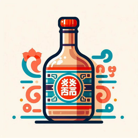 Vector illustration of a bottle of chinese wine. Colorful flat style.のイラスト素材