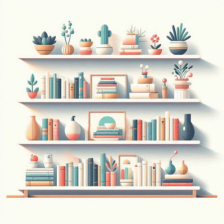 Bookshelf with books and decorations. Vector illustration in retro styleのイラスト素材