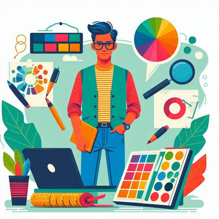 Designer with graphic design tools. Colorful vector illustration in flat styleのイラスト素材