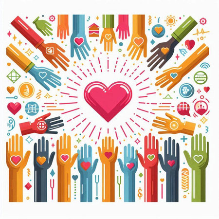 Volunteer hands around the heart. Concept of charity, volunteer, help. Vector illustration.のイラスト素材