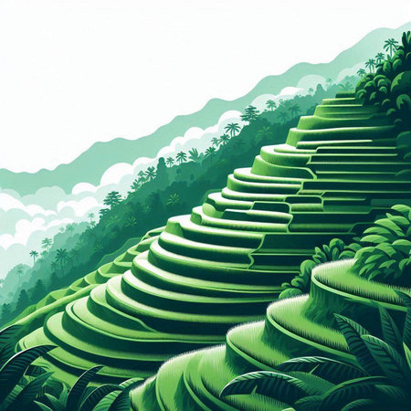 illustration of a green terraced rice field in the mountains.のイラスト素材