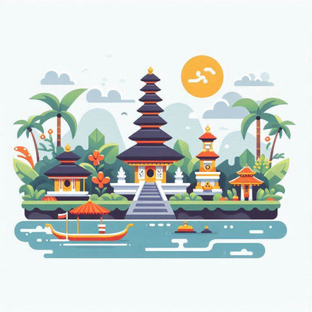 Thai temple vector illustration in flat style. Landscape with a Buddhist temple.のイラスト素材