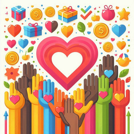 Vector illustration of human hands with heart, gift box and heart.のイラスト素材
