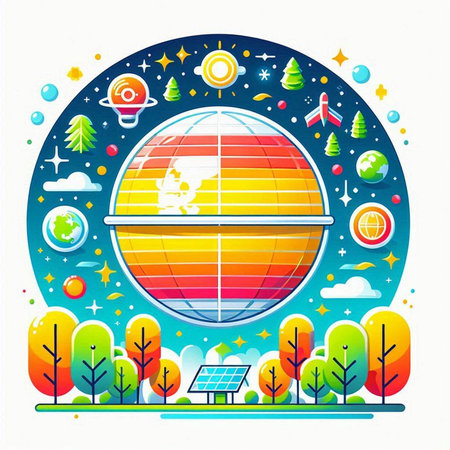 Ecology concept. Vector illustration in a flat style. Solar panels, planet, trees, sun, stars.のイラスト素材