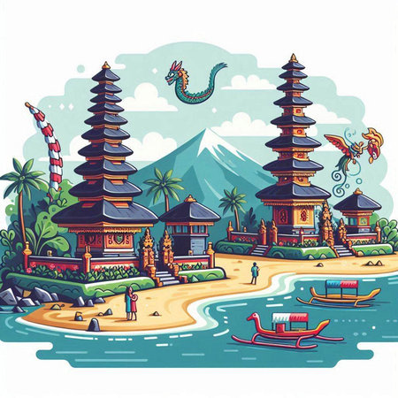 Buddhist temple on the shore of the sea. Vector illustrationのイラスト素材