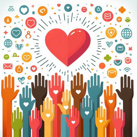 Colorful hands with heart shape and social media icon on white backgroundのイラスト素材