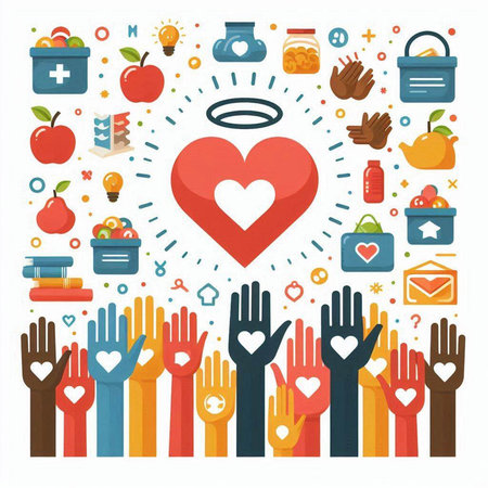 Volunteer concept with hands, heart and icons. Vector illustrationのイラスト素材