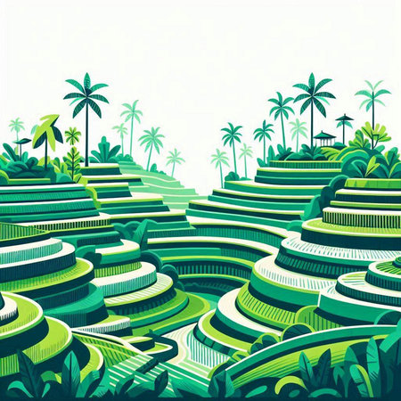 Green tropical island with palm trees and terraces. Vector illustration.のイラスト素材