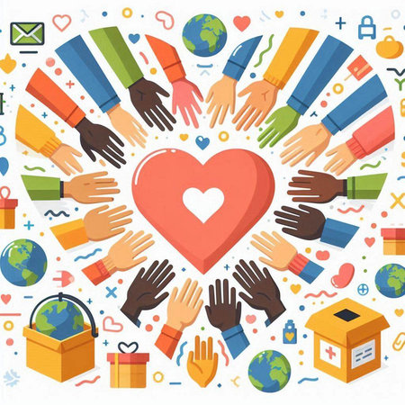 Volunteer hands around the red heart. Flat design vector illustration.のイラスト素材