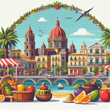 Cityscape with buildings, streets, boats and fruits. Vector illustration.のイラスト素材