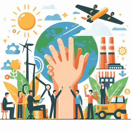 Ecology and environment concept. Flat vector illustration of people working with renewable energy.のイラスト素材