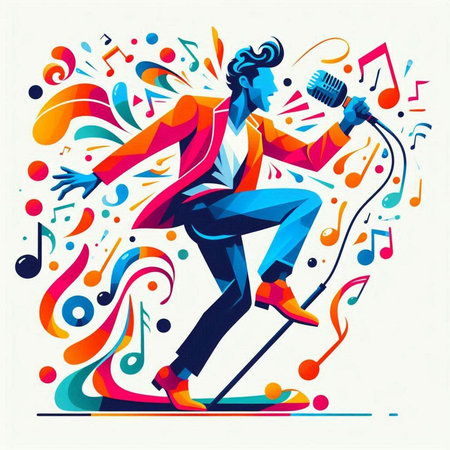 Vector illustration of a man in a suit on skates with a microphone.のイラスト素材