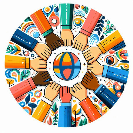 Hands of diverse people around the globe. Vector illustration. Circle conceptのイラスト素材