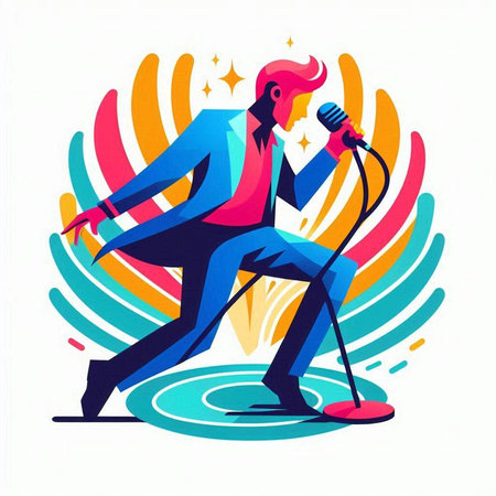 Karaoke party vector illustration. The singer sings into the microphone.のイラスト素材