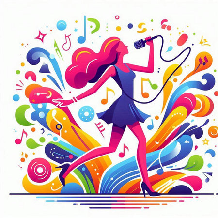 Vector illustration of girl with microphone and colorful musical notes on white backgroundのイラスト素材