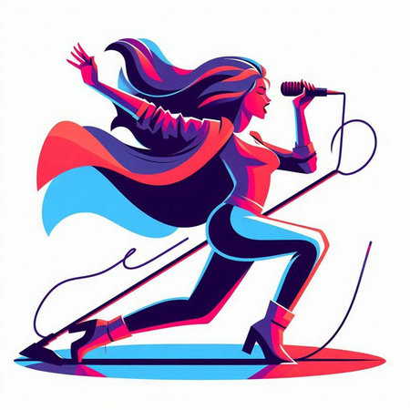 Female singer with a microphone in the hand. Vector illustration on white background.のイラスト素材