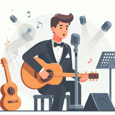 Vector illustration of a singer in a tuxedo playing the guitar.のイラスト素材