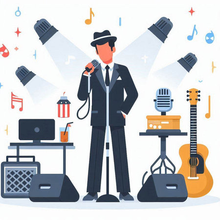 Vector illustration of a man singing into a microphone in a recording studio.のイラスト素材