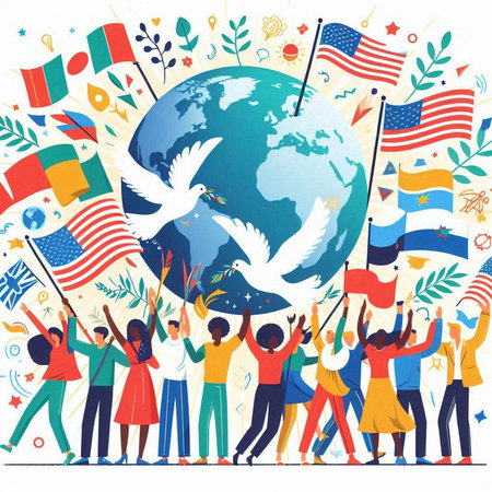 International Day of Peace. People with flags around the world. Vector illustration.のイラスト素材