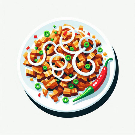 Illustration of a plate with fried meat and chili pepper on a white backgroundのイラスト素材